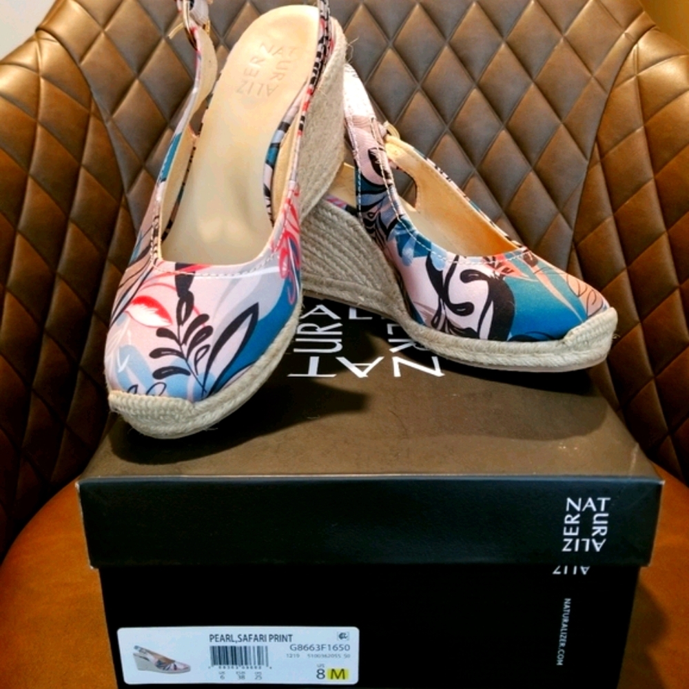 Naturalizer Espadrille Wedge Heel Sandal Blue Pink Neutral Floral Print Boho